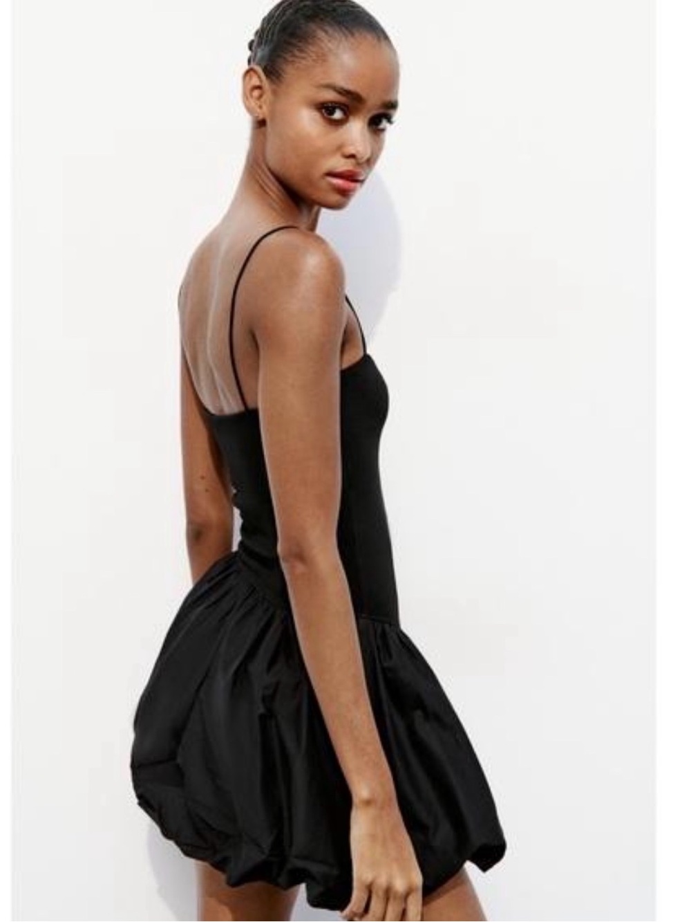 Zara Black Voluminous Poplin Balloon Hem Mini Dress Tie Waist M